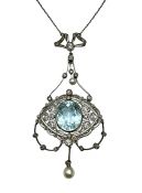 Edwardian 14.36ct Aquamarine Diamond and Pearl Necklace in Platinum