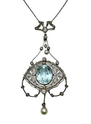 Edwardian 14.36ct Aquamarine Diamond and Pearl Necklace in Platinum