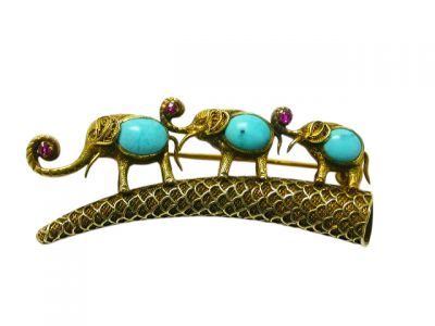 Vintage Turquoise and Ruby Elephant 14kt Brooch 