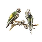 Estate Pair of Parrots Diamond and Ruby Brooch 