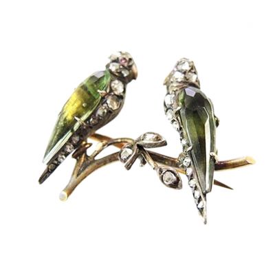 Estate Pair of Parrots Diamond and Ruby Brooch 