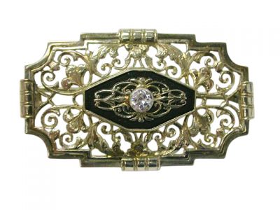 Vintage Diamond and Black Onyx 14kt Brooch