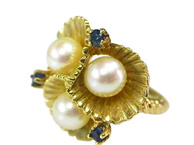Vintage Cultured Pearl and Sapphire Cluster Ring