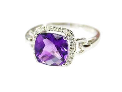 Modern Amethyst and Diamond Halo Ring