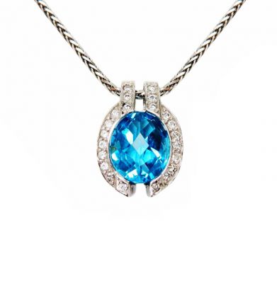 Modern Blue Topaz and Diamond 10kt Pendant