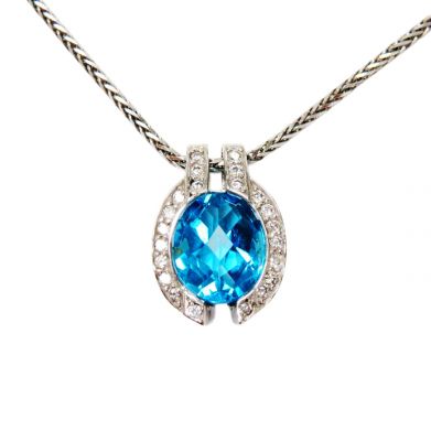 Modern Blue Topaz and Diamond Pendant
