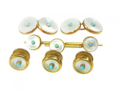 Birks Vintage Mother of Pearl and Turquoise 18kt Cufflinks Set