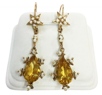 Seed Pearl and Citrine Drop Earrings