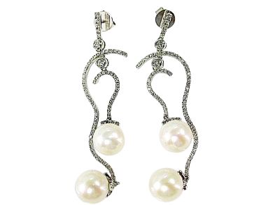 Modern Pearl and Diamond Drop Earrings