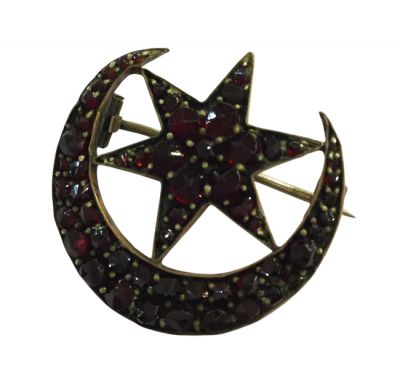 Silver Gilt Garnet Crescent and Star Brooch