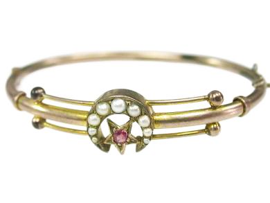 Pink Sapphire and Pearl Crescent and Star Bangle