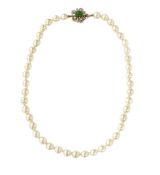 Vintage Cultured Pearl Necklace with Jade and Diamond Clasp