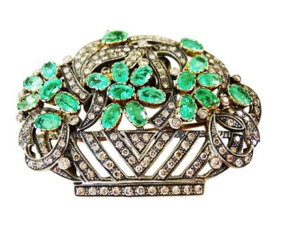 Vintage Inspired Emerald Diamond Floral Basket Brooch