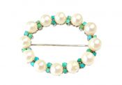 Vintage Cultured Pearl and Turquoise Brooch