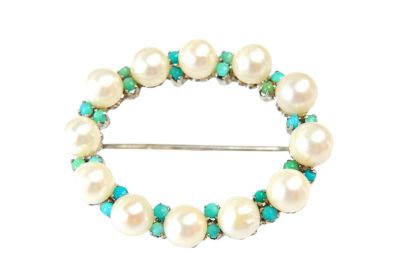 Vintage Cultured Pearl and Turquoise Brooch