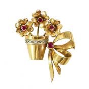 Vintage .65ct Ruby and Diamond Floral Ribbon 18kt Brooch