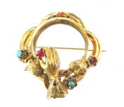 Vintage Ruby and Turquoise En Tremblant Hand Motif Brooch