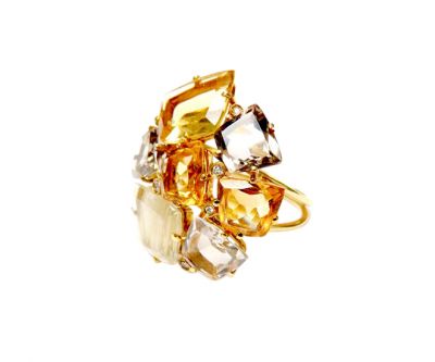 Vintage Rutile Quartz, Citrine, Smoky Quartz, Rock Quartz and Diamond Ring