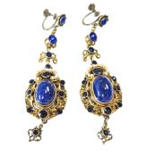 Vintage Sterling Silver Lapis, Seed Pearl And Paste Renaissance Drop Earrings