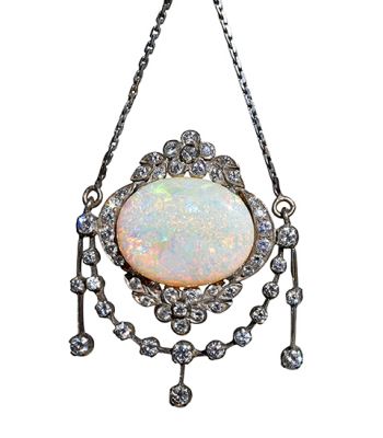 Victorian 7.54ct Opal and Diamond Necklace in Platinum and Silver