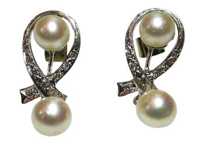Vintage Cultured Pearl and Diamond Drop 14kt Earrings
