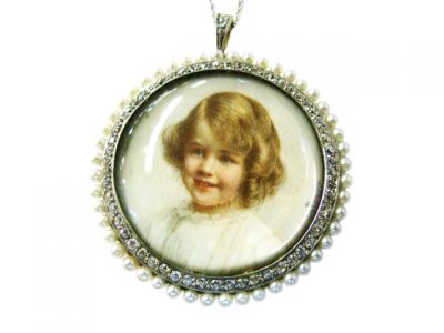 Antique Ryrie Pearl and Diamond Portrait Pendant with chain