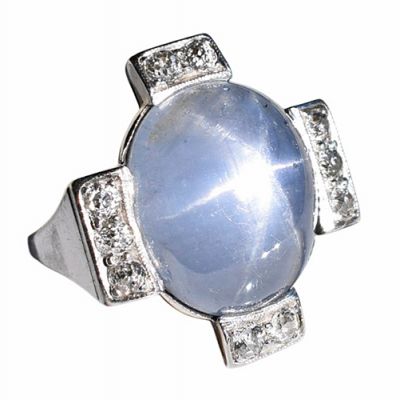 Art Deco 12.01ct Blue Star Sapphire and Diamond Ring in Platinum