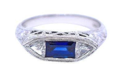 Art Deco Inspired .70ct Sapphire and Diamond Filigree 18kt Ring