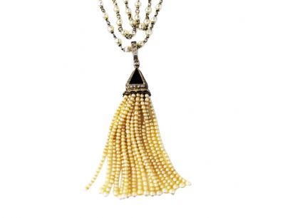 Art Deco Pearl Necklace with Black Onyx Diamond Pearl Pendant