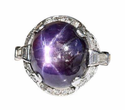 Art Deco 13.95ct Purple Star Sapphire and Diamond Ring in Platinum