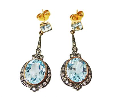 Art Deco Style Blue Topaz and Diamond Drop Earrings