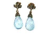 Vintage Inspired Blue  Briolette Topaz and Diamond Drop Earrings