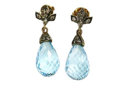 Vintage Inspired Blue  Briolette Topaz and Diamond Drop Earrings