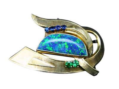 Brooch 14karat Yellow-Gold Opal Green Garnet and Sapphire