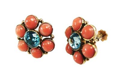 Birks Vintage Zircon and Coral Cluster 14kt Earrings 