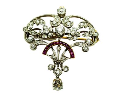 Edwardian Diamond and Ruby Brooch or Pendant