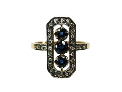 Edwardian Inspired Sapphire and Diamond Silver Top 18kt. Ring