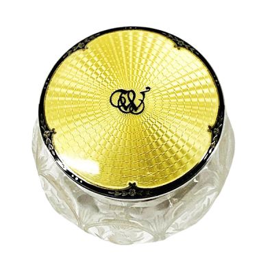 English Art Deco Enamel, Sterling Silver & Crystal Dresser Jar