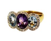 Modern Amethyst Aquamarine and Diamond Ring