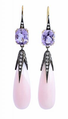 Modern Opal Amethyst Diamond Earrings in 18kt Yellow Gold and Silver