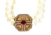 Modern Pearl Necklace with Ruby Diamond Clasp