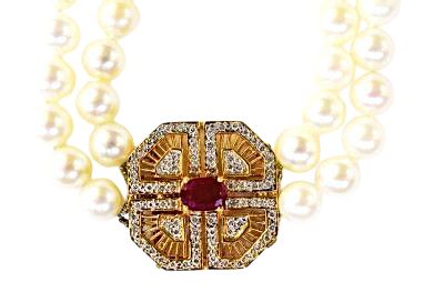 Modern Pearl Necklace with Ruby Diamond Clasp