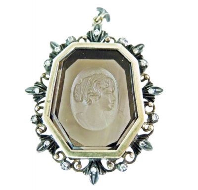 Modern Smoky Quartz Cameo Diamond Pendant