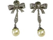 Vintage Pearl and Diamond Bow Drop Earrings