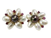 Vintage Cultured Pearl Freshwater Pearl Ruby and Diamond Earrings
