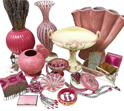 Pink Art Pottery, Murano, Enamelled Boxes, Rhinestone Jewellery & Compacts