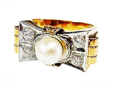 Retro Pearl and Diamond Bow Ring