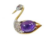 Vintage 11.23ct Cabochon Amethyst Diamond Ruby Swan 14kt Brooch
