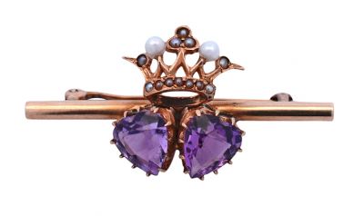 Victorian Amethyst and Pearl Heart and Crown Bar Luckenbooth Brooch in 14kt Yellow Gold
