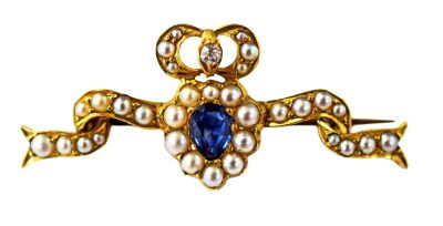 Victorian Sapphire Diamond Pearl Brooch